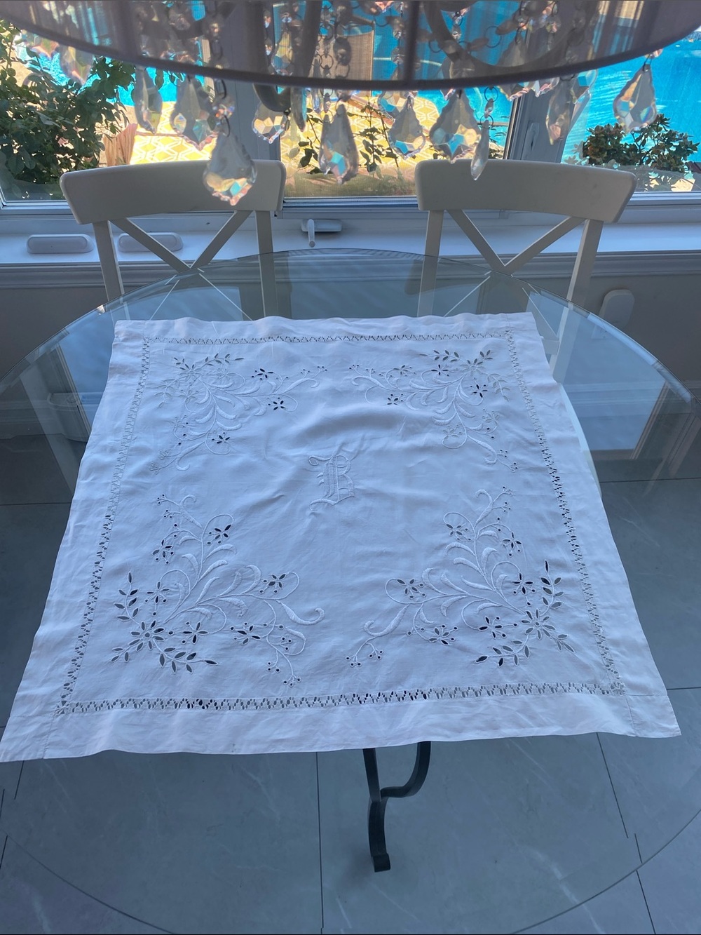 White Embroidered Small Linen Square Tablecloth w floral motif 31”x 30”